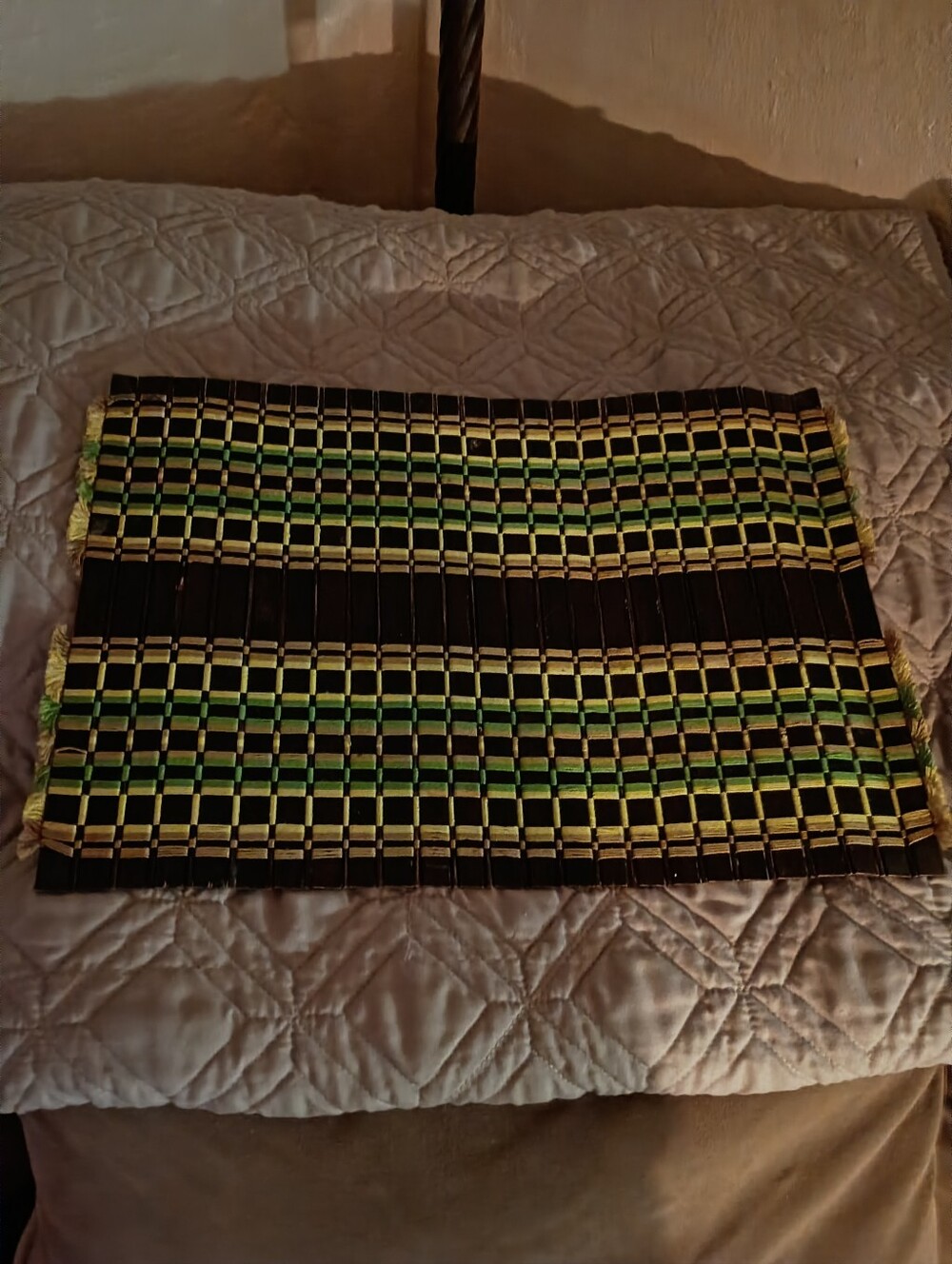 Wood And Woven Placemat With Dark Brown Wood, Green & Lime Green Weaving